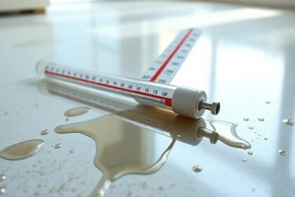 Μια εικόνα από σπασμένο θερμόμετρο υδραργύρου με υδράργυρο να έχει χυθεί στο πάτωμα.