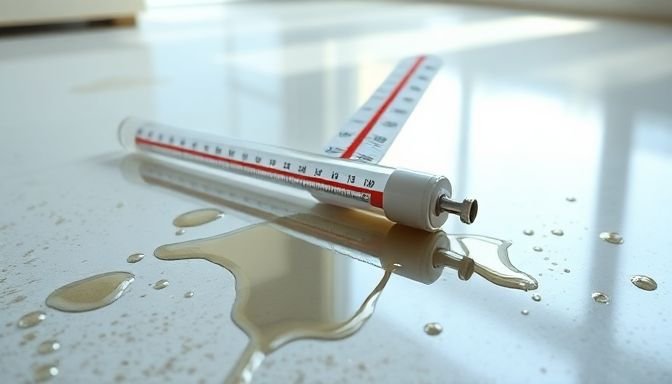 Μια εικόνα από σπασμένο θερμόμετρο υδραργύρου με υδράργυρο να έχει χυθεί στο πάτωμα.