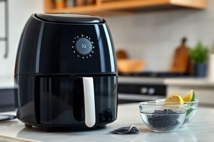 Μια καθαρή Air Fryer με φακελάκια μαύρου τσαγιού και ζεστό νερό, τονίζοντας τη φυσική μέθοδο καθαρισμού.