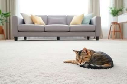 Ένας καθαρός χώρος διαβίωσης με καναπέ και χαλί, απεικονίζοντας την αίσθηση καθαριότητας μετά την αφαίρεση λεκέδων γάτας.
