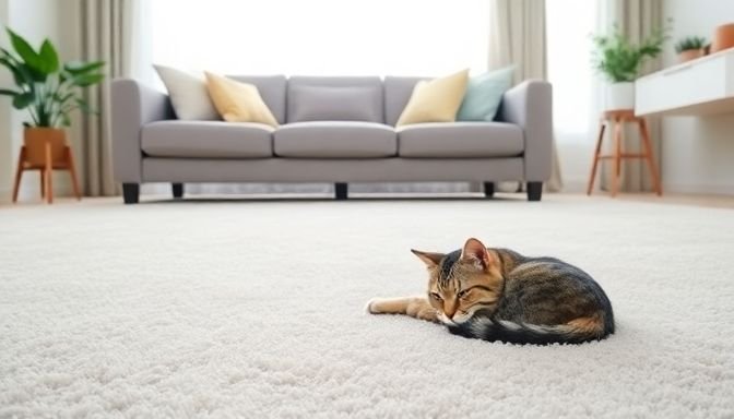 Ένας καθαρός χώρος διαβίωσης με καναπέ και χαλί, απεικονίζοντας την αίσθηση καθαριότητας μετά την αφαίρεση λεκέδων γάτας.