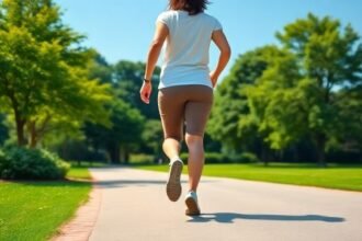 Ένα άτομο περπατάει σε ένα πάρκο, απολαμβάνοντας τη φυσική άσκηση, ενώ η μέση του μπορεί να πονάει. Εικόνα που απεικονίζει τη σχέση μεταξύ περπατήματος και πόνου στη μέση.