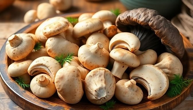 Πλατό με φρέσκα μανιτάρια διαφορετικών τύπων, αναδεικνύοντας τις υφές και τα χρώματα τους σε έναν ζεστό κουζινικό χώρο.