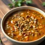 Μια ζεστή και θρεπτική σούπα φακής, που δείχνει την πλούσια υφή της με φρέσκα υλικά γύρω της.