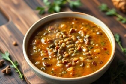 Μια ζεστή και θρεπτική σούπα φακής, που δείχνει την πλούσια υφή της με φρέσκα υλικά γύρω της.