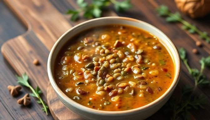 Μια ζεστή και θρεπτική σούπα φακής, που δείχνει την πλούσια υφή της με φρέσκα υλικά γύρω της.