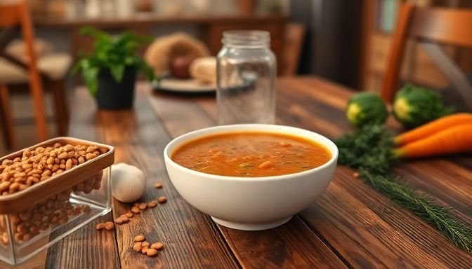 Πλάνο από σούπα φακής σε ξύλινο τραπέζι με φρέσκα υλικά