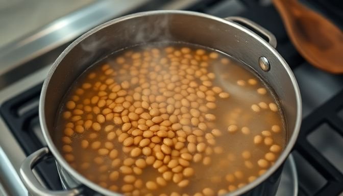 Κοντινό πλάνο φακής που βράζει σε κατσαρόλα