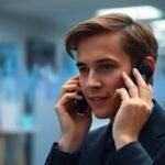 Μια εικόνα που απεικονίζει έναν άνθρωπο που μιλάει στο τηλέφωνο, με φόντο ψηφιακά κύματα ήχου, συμβολίζοντας την τεχνητή νοημοσύνη και τις τηλεφωνικές απάτες.