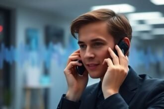 Μια εικόνα που απεικονίζει έναν άνθρωπο που μιλάει στο τηλέφωνο, με φόντο ψηφιακά κύματα ήχου, συμβολίζοντας την τεχνητή νοημοσύνη και τις τηλεφωνικές απάτες.