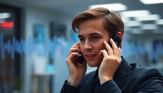 Μια εικόνα που απεικονίζει έναν άνθρωπο που μιλάει στο τηλέφωνο, με φόντο ψηφιακά κύματα ήχου, συμβολίζοντας την τεχνητή νοημοσύνη και τις τηλεφωνικές απάτες.