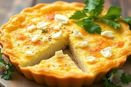 Μια χρυσαφένια τυρόπιτα χωρίς φύλλο με φέτα και στραγγιστό γιαούρτι, σερβιρισμένη ζεστή με μια πράσινη σαλάτα.