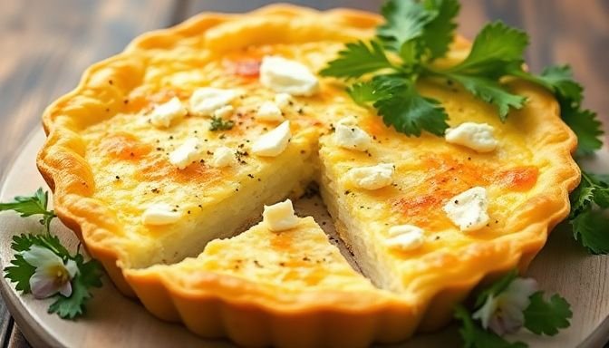 Μια χρυσαφένια τυρόπιτα χωρίς φύλλο με φέτα και στραγγιστό γιαούρτι, σερβιρισμένη ζεστή με μια πράσινη σαλάτα.