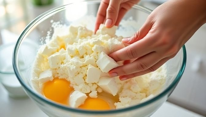 Κοντινό πλάνο του ανακατέματος υλικών τυρόπιτας