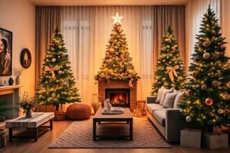 Ένα ζεστό καθιστικό διακοσμημένο για τα Χριστούγεννα με φωτεινά φώτα και όμορφο χριστουγεννιάτικο δέντρο.