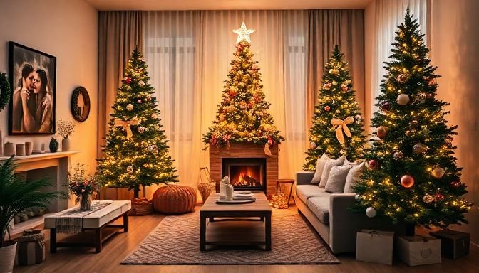 Ένα ζεστό καθιστικό διακοσμημένο για τα Χριστούγεννα με φωτεινά φώτα και όμορφο χριστουγεννιάτικο δέντρο.