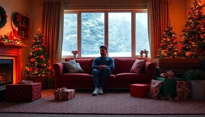 Ένα ζεστό καθιστικό με γιορτινές διακοσμήσεις και μοναχικό άτομο