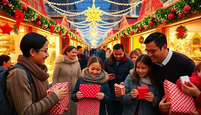 Μια ζωντανή αγορά με οικογένειες που ανταλλάσουν δώρα και γελούν
