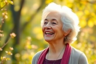 Μια ηλικιωμένη γυναίκα απολαμβάνει τη φύση, αντανακλώντας την εσωτερική της γαλήνη και αυθεντικότητα.