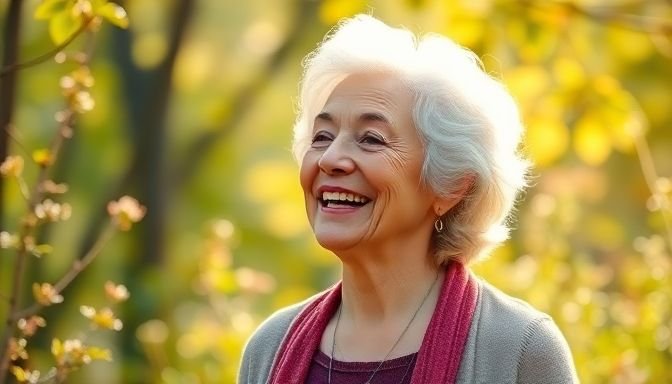 Μια ηλικιωμένη γυναίκα απολαμβάνει τη φύση, αντανακλώντας την εσωτερική της γαλήνη και αυθεντικότητα.