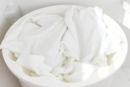 Λευκά ρούχα που μουλιάζουν σε λεκανίτσα με απορρυπαντικό και λευκαντικό.