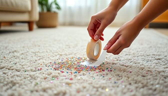 Καθάρισε γκλίτερ από χαλιά, ρούχα και πατώματα σε χρόνο μηδέν – Δες πώς! 2 Εικόνα καθαρισμού γκλίτερ από χαλί με κολλητική ταινία.
