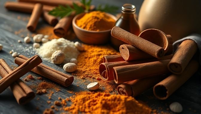 Κανέλα: Το φυσικό μυστικό με πολλαπλά οφέλη για την υγεία σας 2 Κοντινή λήψη από τραπέζι με μπαχαρικά, συμπεριλαμβανομένης της κανέλας