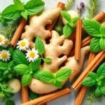 Διάφορα βότανα όπως το χαμομήλι, η μέντα και ο βασιλικός σε φυσική διάταξη για την υποστήριξη της πέψης.