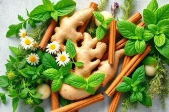 Διάφορα βότανα όπως το χαμομήλι, η μέντα και ο βασιλικός σε φυσική διάταξη για την υποστήριξη της πέψης.