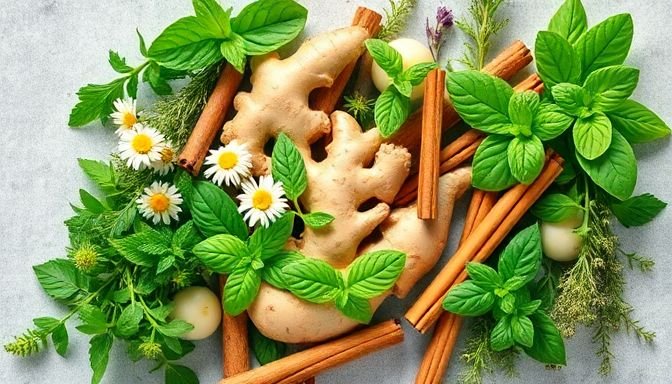 Διάφορα βότανα όπως το χαμομήλι, η μέντα και ο βασιλικός σε φυσική διάταξη για την υποστήριξη της πέψης.