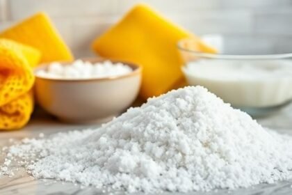 Κοντινή λήψη σφουγγαριών κουζίνας με αλάτι και ζεστό νερό για οικολογικό καθαρισμό.