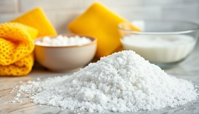 Κοντινή λήψη σφουγγαριών κουζίνας με αλάτι και ζεστό νερό για οικολογικό καθαρισμό.