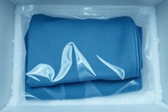 Δίπλωμα τζιν μέσα σε σακούλα ziplock στην κατάψυξη, έτοιμο να καθαρίσει χωρίς πλύσιμο.