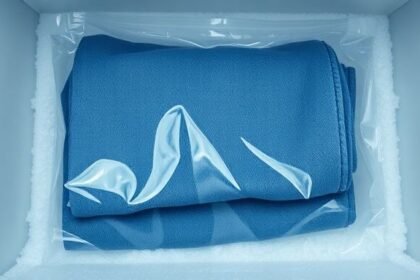 Δίπλωμα τζιν μέσα σε σακούλα ziplock στην κατάψυξη, έτοιμο να καθαρίσει χωρίς πλύσιμο.