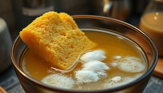 Οικολογικός καθαρισμός: Πώς το αλάτι μεταμορφώνει τα παλιά σου σφουγγάρια! 2 Κοντινές λήψεις ενός σφουγγαριού σε διάλυμα αλατόνερου