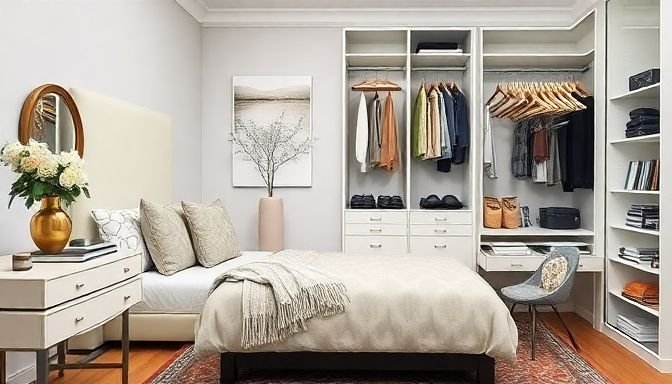 Μια όμορφα διαμορφωμένη κρεβατοκάμαρα με διακοσμητικά μαξιλάρια, τουαλέτα, φρέσκα λουλούδια και κομψά αξεσουάρ.