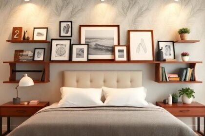 Διακοσμητικός τοίχος πίσω από ένα κρεβάτι με ράφια, καδράκια και ζεστά χρώματα.