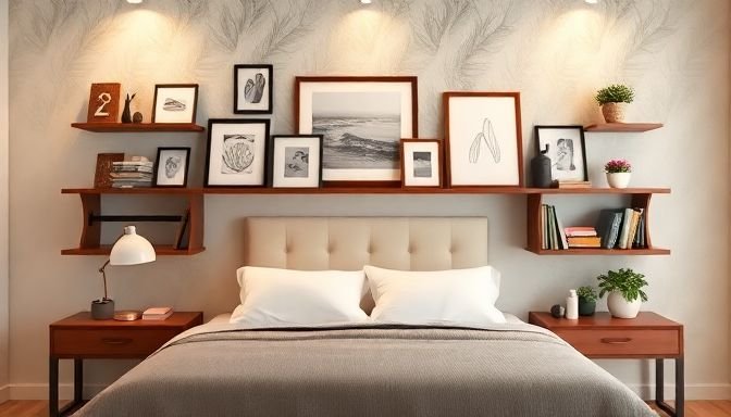 Διακοσμητικός τοίχος πίσω από ένα κρεβάτι με ράφια, καδράκια και ζεστά χρώματα.