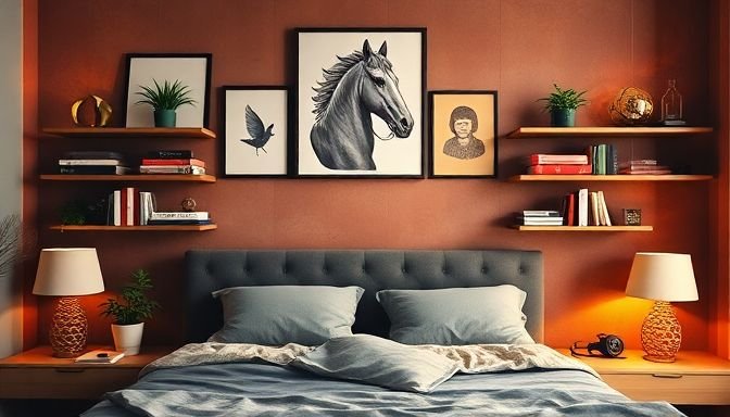 Πώς να Μεταμορφώσετε τον Τοίχο Πίσω από το Κρεβάτι με Στιλ και Λίγα Χρήματα 2 Φωτογραφία δωματίου με ράφια πάνω από το κρεβάτι