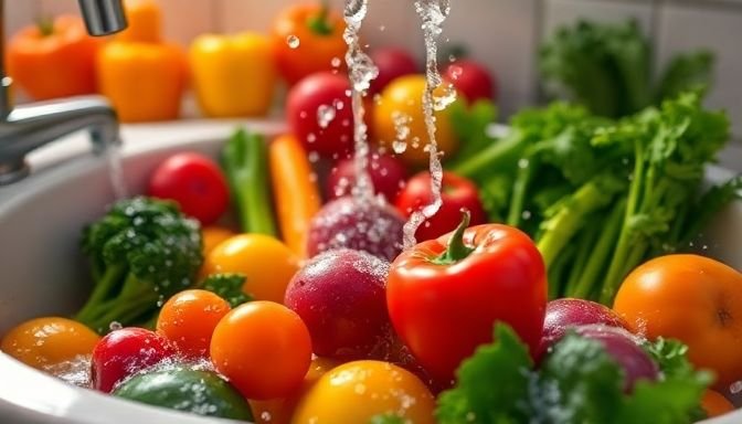 Φρέσκα λαχανικά να πλένονται σε νεροχύτη