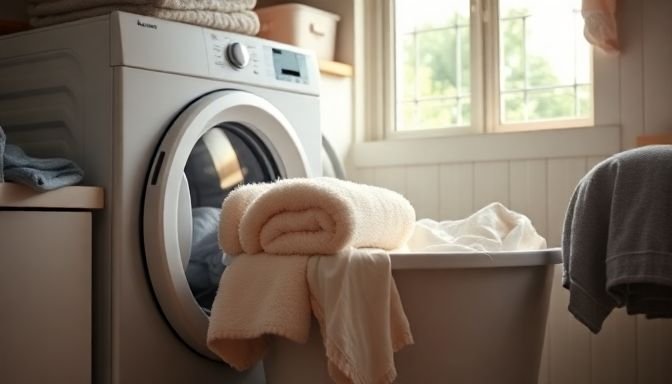 Γιατί δεν πρέπει να πλένετε πετσέτες με ρούχα – και τι κινδυνεύει να χαλάσει 2 Άνετος χώρος πλυντηρίου γεμάτος πετσέτες