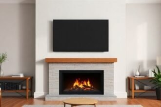 Μοντέρνα σαλόνι με τηλεόραση τοποθετημένη πάνω από το τζάκι, προσφέροντας αισθητική και λειτουργικότητα.