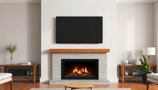 Μοντέρνα σαλόνι με τηλεόραση τοποθετημένη πάνω από το τζάκι, προσφέροντας αισθητική και λειτουργικότητα.