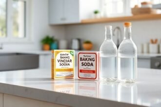 Μια καθαρή κουζίνα με μαγειρική σόδα και ξύδι, τονίζοντας τη φυσική καθαριότητα.