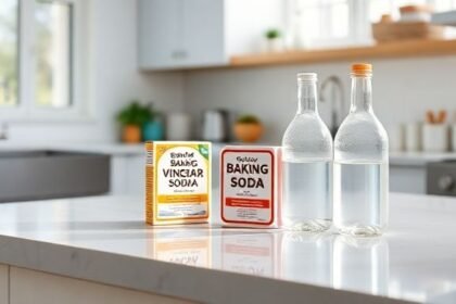 Μια καθαρή κουζίνα με μαγειρική σόδα και ξύδι, τονίζοντας τη φυσική καθαριότητα.