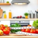 Διατροφή με φρέσκα λαχανικά, φρούτα και μεζούρα που συμβολίζει τη μέτρηση της περιφέρειας μέσης για την αξιολόγηση της υγείας.