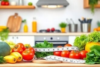 Διατροφή με φρέσκα λαχανικά, φρούτα και μεζούρα που συμβολίζει τη μέτρηση της περιφέρειας μέσης για την αξιολόγηση της υγείας.