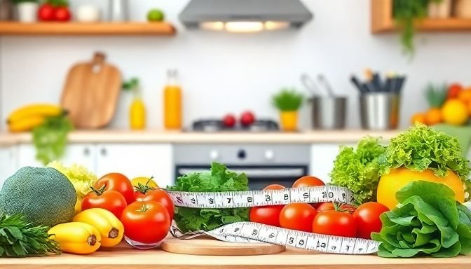 Διατροφή με φρέσκα λαχανικά, φρούτα και μεζούρα που συμβολίζει τη μέτρηση της περιφέρειας μέσης για την αξιολόγηση της υγείας.