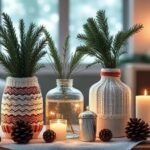 Ζεστός και φιλόξενος χειμερινός χώρος με βάζα διακοσμημένα με πουλόβερ και φυσικά υλικά.