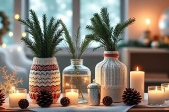 Ζεστός και φιλόξενος χειμερινός χώρος με βάζα διακοσμημένα με πουλόβερ και φυσικά υλικά.